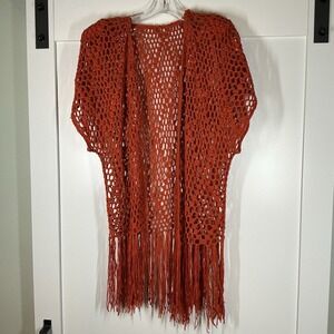 Orange Rust Open Knit Crochet Cardigan Long Festival Boho Fringe Sz Large Y2k‎